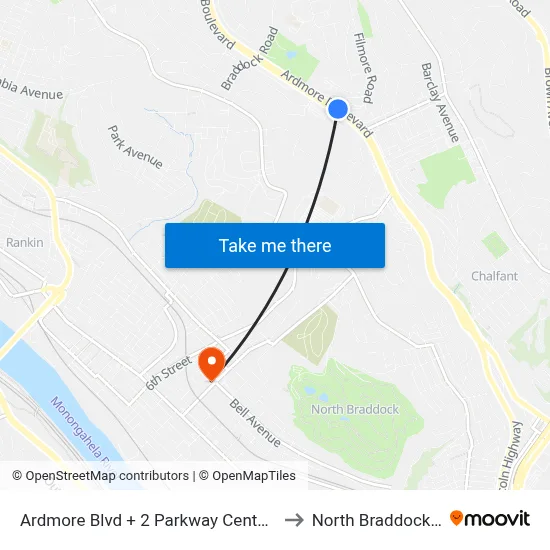 Ardmore Blvd + 2 Parkway Center East to North Braddock, PA map