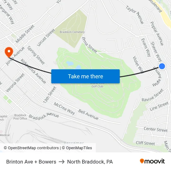 Brinton Ave + Bowers to North Braddock, PA map