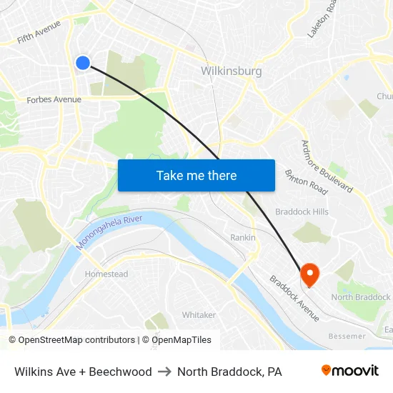 Wilkins Ave + Beechwood to North Braddock, PA map