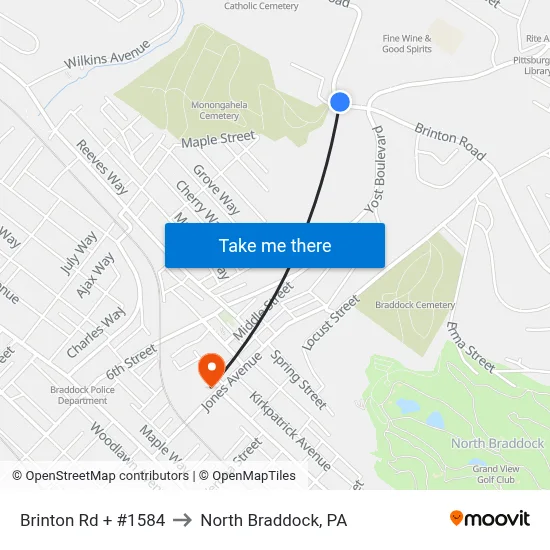 Brinton Rd + #1584 to North Braddock, PA map