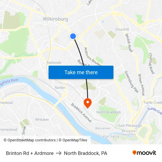 Brinton Rd + Ardmore to North Braddock, PA map
