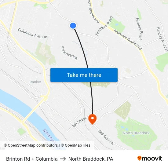 Brinton Rd + Columbia to North Braddock, PA map