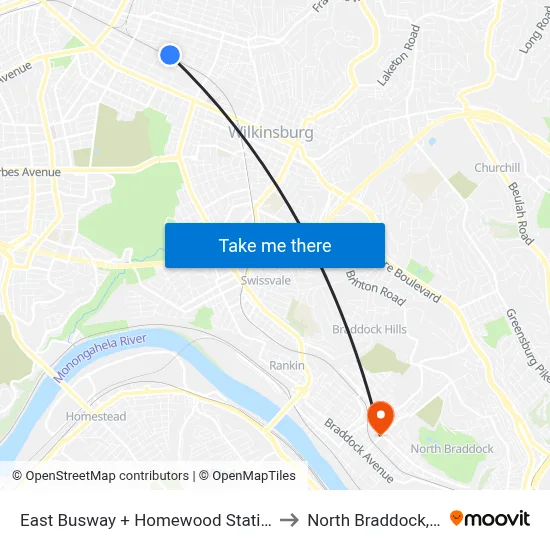 East Busway + Homewood Station C to North Braddock, PA map