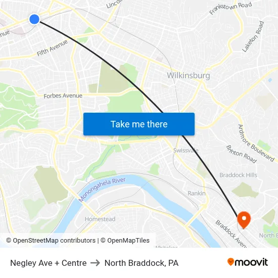 Negley Ave + Centre to North Braddock, PA map