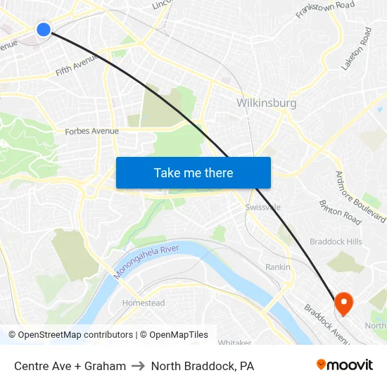 Centre Ave + Graham to North Braddock, PA map
