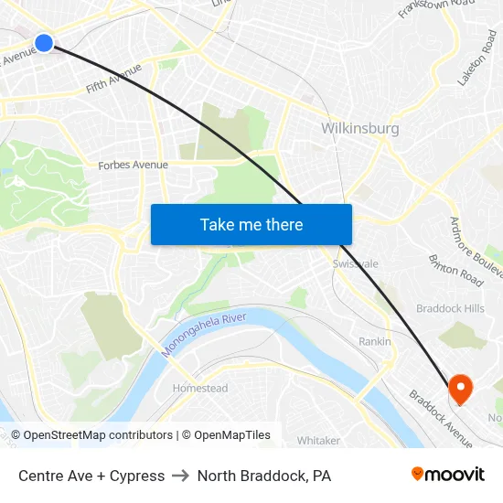 Centre Ave + Cypress to North Braddock, PA map