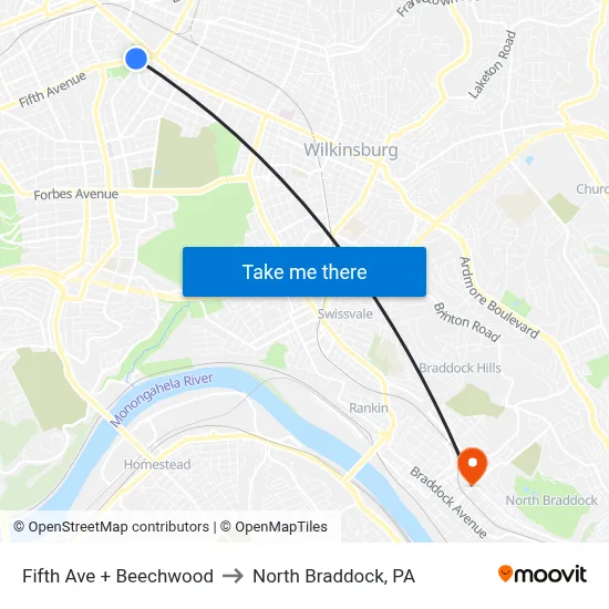 Fifth Ave + Beechwood to North Braddock, PA map