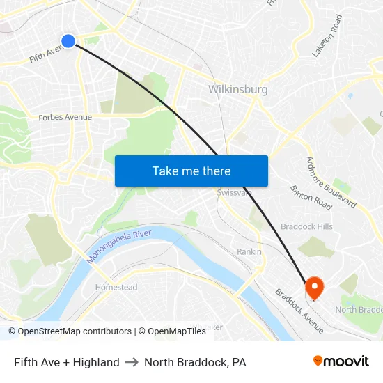Fifth Ave + Highland to North Braddock, PA map