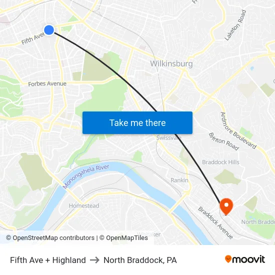 Fifth Ave + Highland to North Braddock, PA map