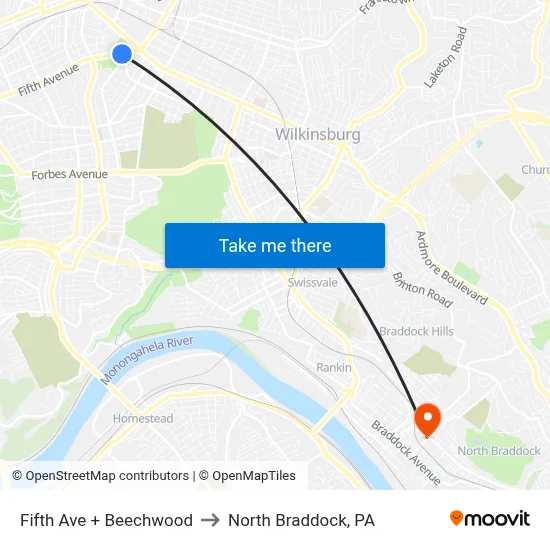 Fifth Ave + Beechwood to North Braddock, PA map