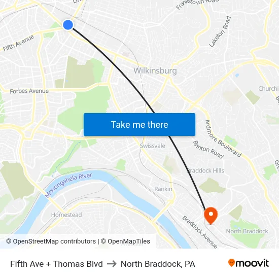 Fifth Ave + Thomas Blvd to North Braddock, PA map
