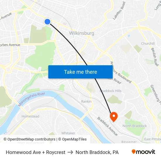 Homewood Ave + Roycrest to North Braddock, PA map
