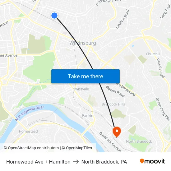Homewood Ave + Hamilton to North Braddock, PA map
