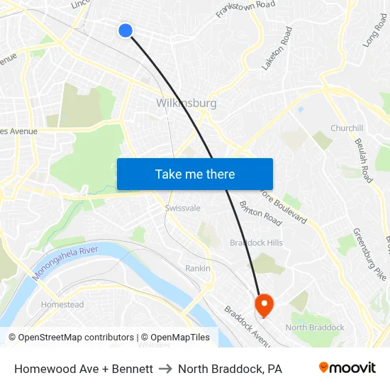 Homewood Ave + Bennett to North Braddock, PA map