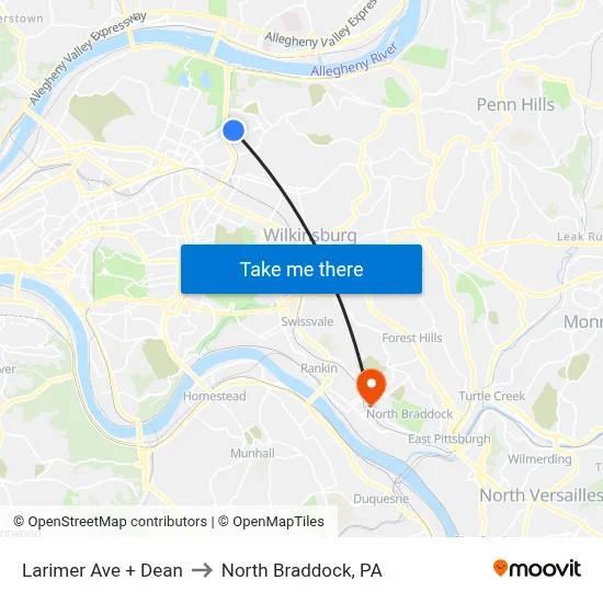Larimer Ave + Dean to North Braddock, PA map