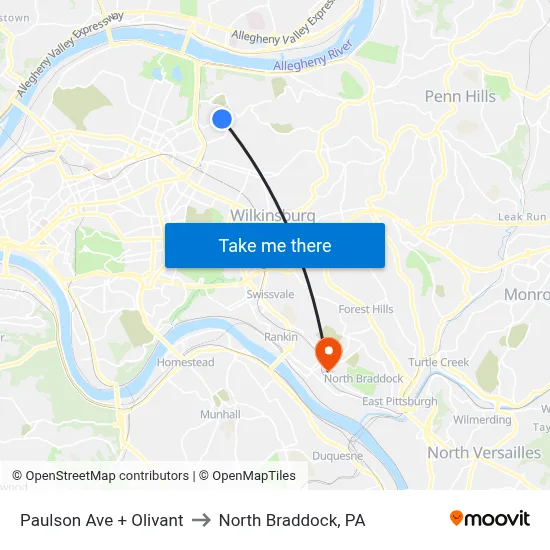 Paulson Ave + Olivant to North Braddock, PA map