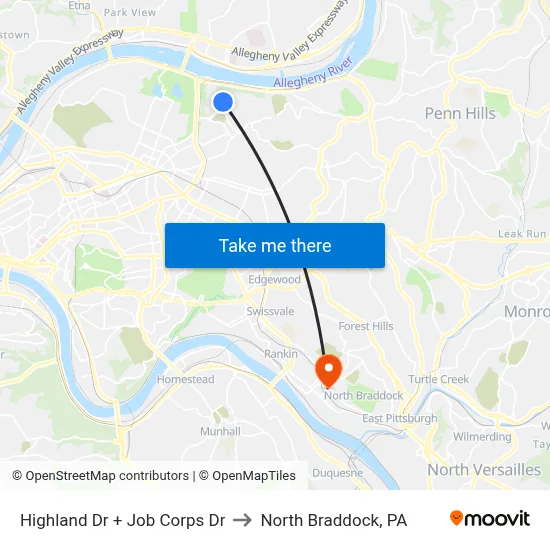 Highland Dr + Job Corps Dr to North Braddock, PA map