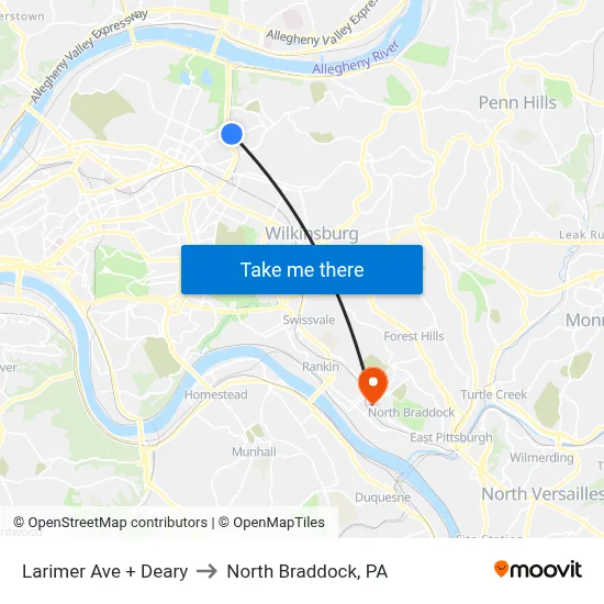 Larimer Ave + Deary to North Braddock, PA map