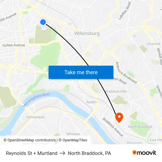 Reynolds St + Murtland to North Braddock, PA map