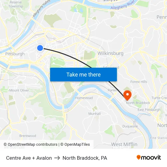 Centre Ave + Avalon to North Braddock, PA map