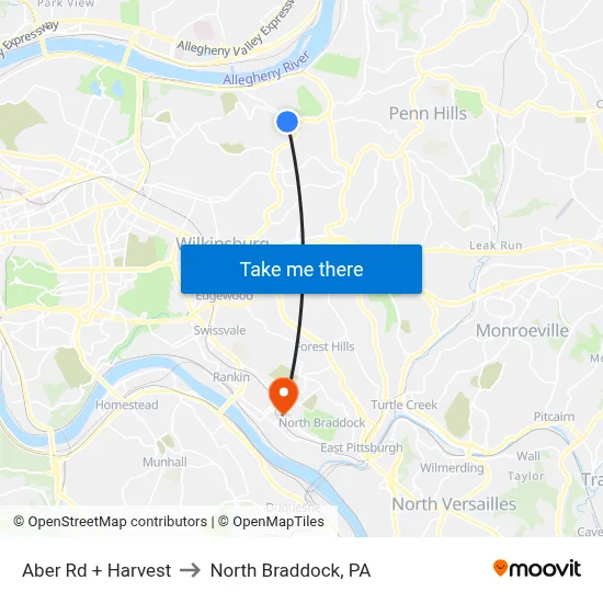 Aber Rd + Harvest to North Braddock, PA map