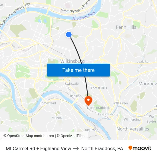 Mt Carmel Rd + Highland View to North Braddock, PA map