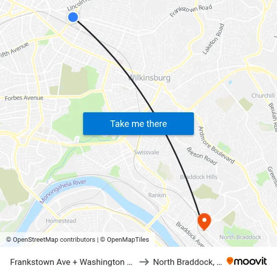 Frankstown Ave + Washington Blvd to North Braddock, PA map