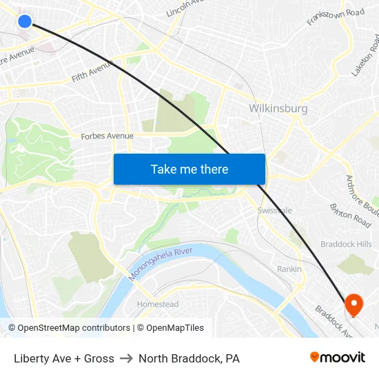 Liberty Ave + Gross to North Braddock, PA map