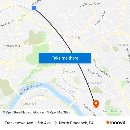 Frankstown Ave + 5th Ave to North Braddock, PA map