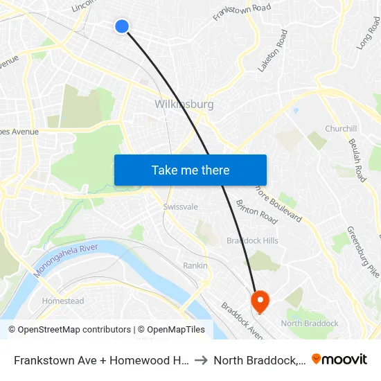 Frankstown Ave + Homewood House to North Braddock, PA map