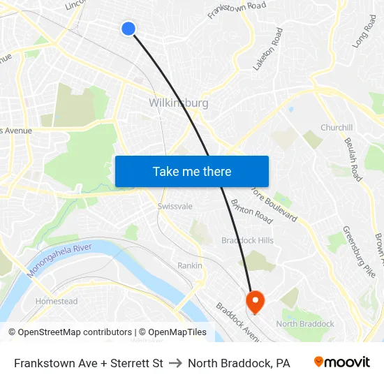 Frankstown Ave + Sterrett St to North Braddock, PA map