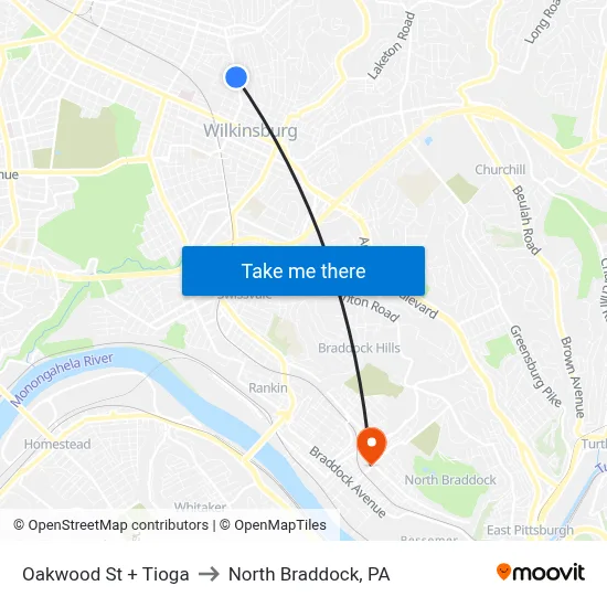 Oakwood St + Tioga to North Braddock, PA map