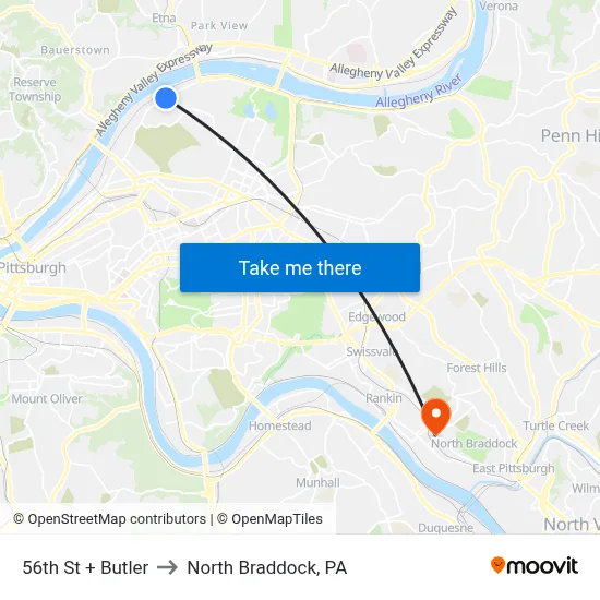 56th St + Butler to North Braddock, PA map
