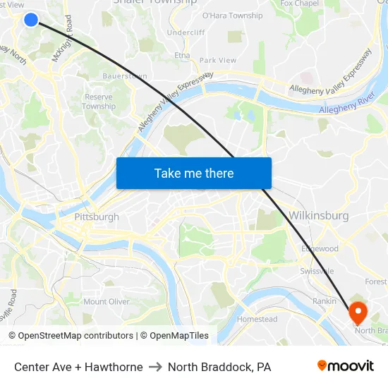 Center Ave + Hawthorne to North Braddock, PA map