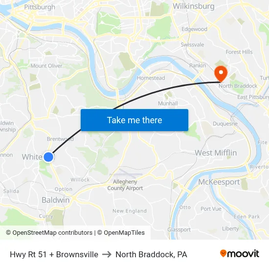 Hwy Rt 51 + Brownsville to North Braddock, PA map