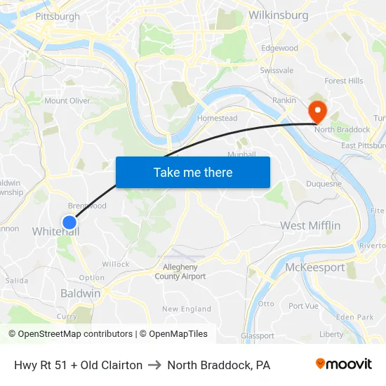 Hwy Rt 51 + Old Clairton to North Braddock, PA map