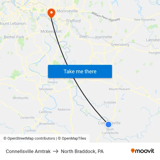 Connellsville Amtrak to North Braddock, PA map
