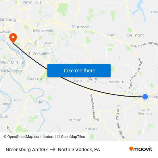 Greensburg Amtrak to North Braddock, PA map