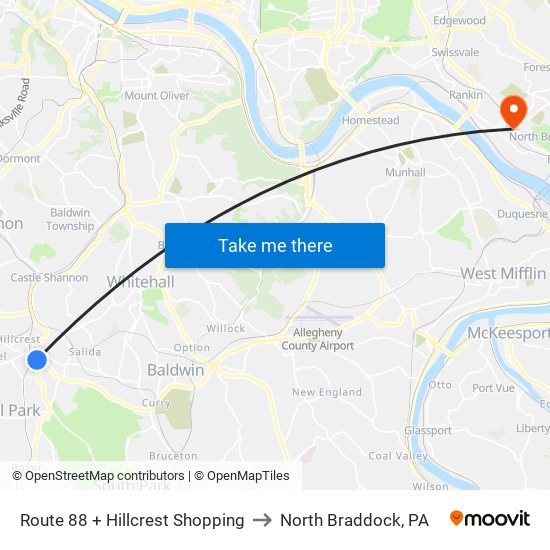 Route 88 + Hillcrest Shopping to North Braddock, PA map