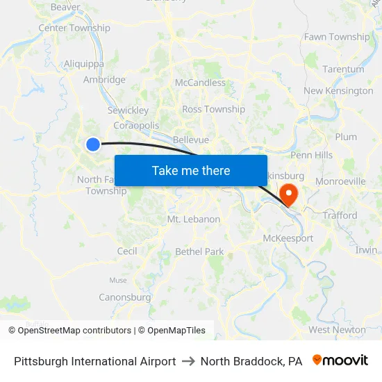 Pittsburgh International Airport to North Braddock, PA map