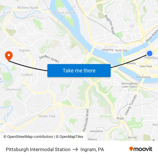 Pittsburgh Intermodal Station to Ingram, PA map