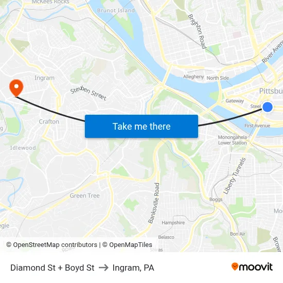 Diamond St + Boyd St to Ingram, PA map