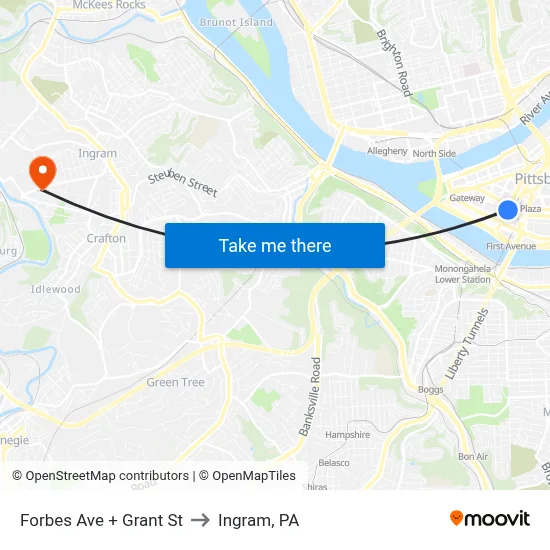 Forbes Ave + Grant St to Ingram, PA map