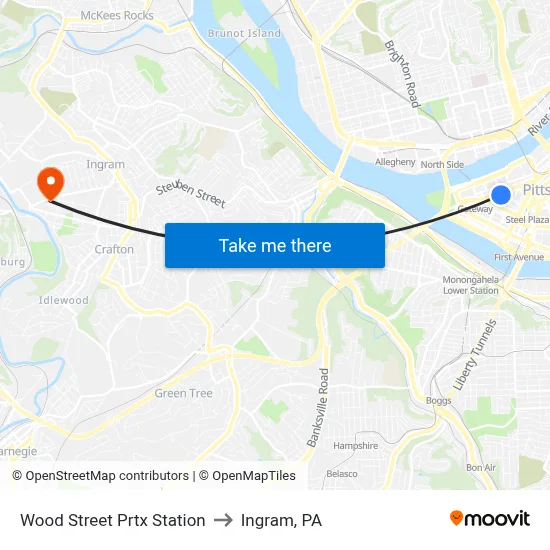 Wood Street Prtx Station to Ingram, PA map