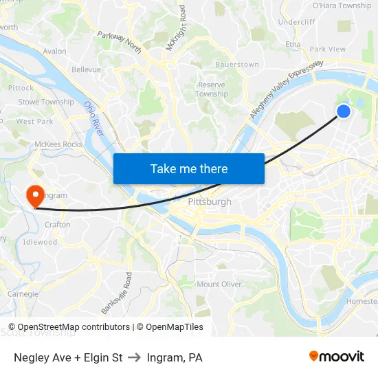 Negley Ave + Elgin St to Ingram, PA map