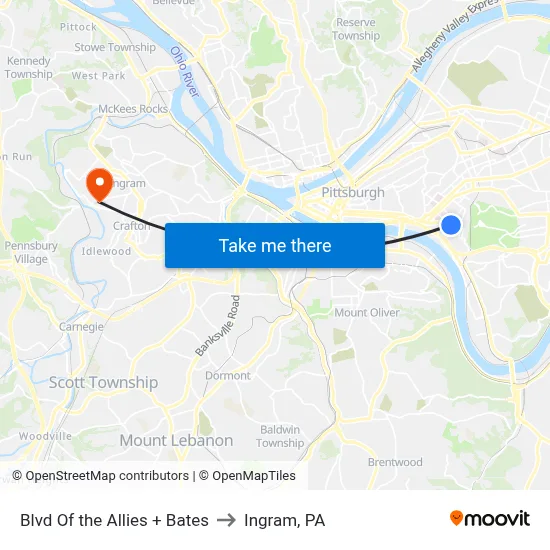 Blvd Of the Allies + Bates to Ingram, PA map