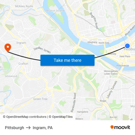 Pittsburgh to Ingram, PA map