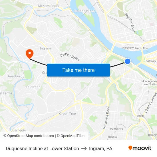 Duquesne Incline at Lower Station to Ingram, PA map