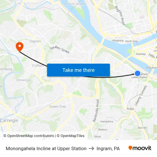 Monongahela Incline at Upper Station to Ingram, PA map