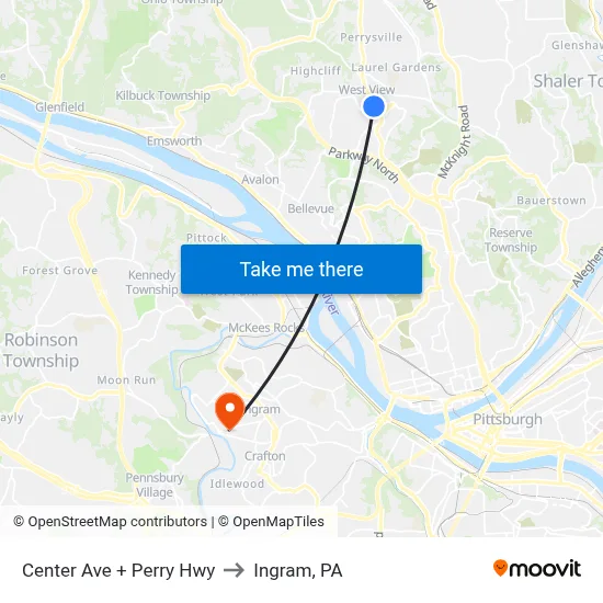 Center Ave + Perry Hwy to Ingram, PA map